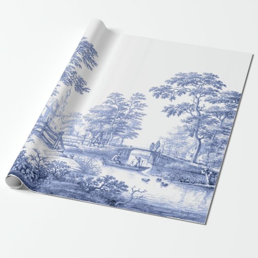 Blue Toile  Franse ontkoppelingspape Cadeaupapier (Uitgerold)