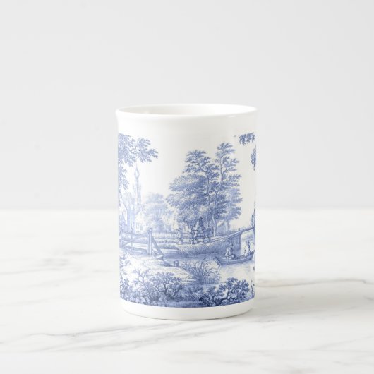 Blue Toile Franse Pastoral Bridge Boat  Porselein Kop (Voorkant)