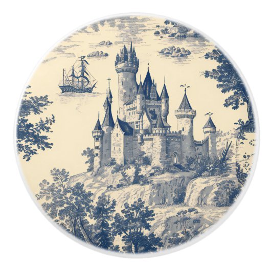 Blue Toile French Castle Keramische Knop (Voorkant)
