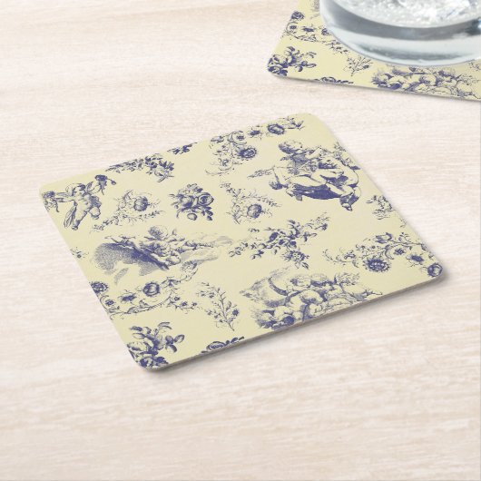 Blue Toile French Country Cherub Pattern Kartonnen Onderzetters (Schuin)