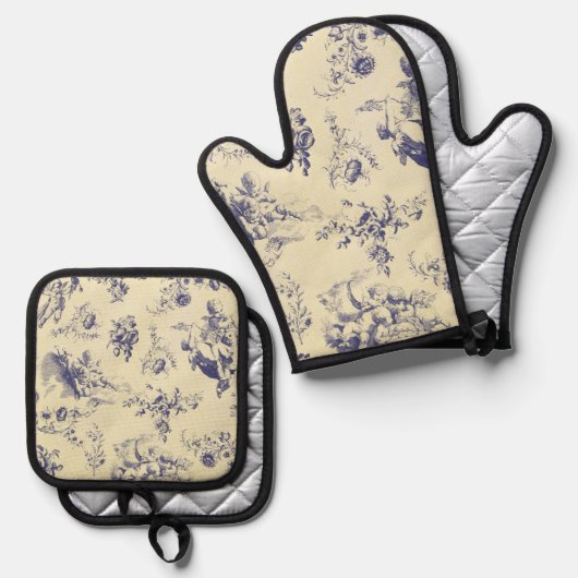 Blue Toile French Country Cherub Pattern Ovenwant & Pannenlap Set (Voorkant / Achterkant)