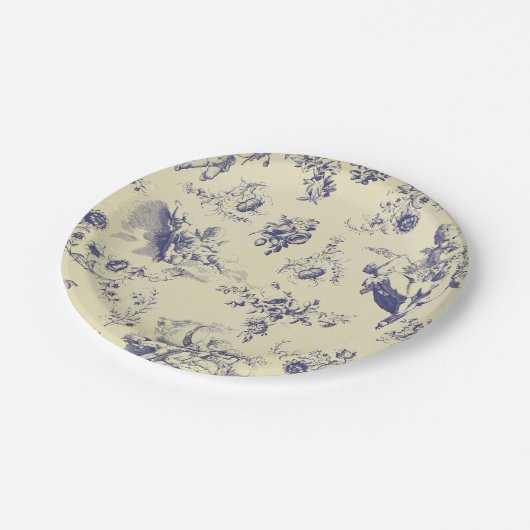 Blue Toile French Country Cherub Pattern Papieren Bordje (Gekanteld)