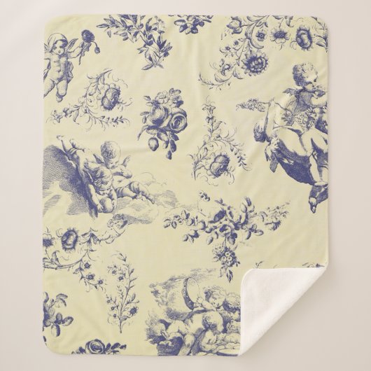 Blue Toile French Country Cherub Pattern Sherpa Deken (Voorkant)