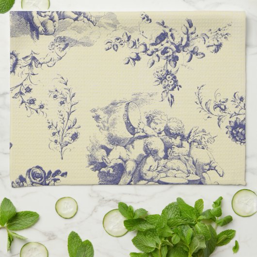 Blue Toile French Country Cherub Pattern Theedoek (Gevouwen)