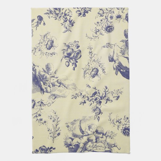 Blue Toile French Country Cherub Pattern Theedoek (Verticaal)