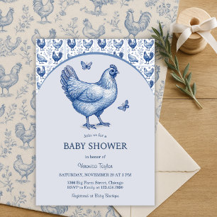 Blue Toile French Country Chicken Baby shower Kaart