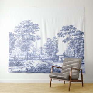 Blue Toile French Pastoral Bridge Boat Wandkleed