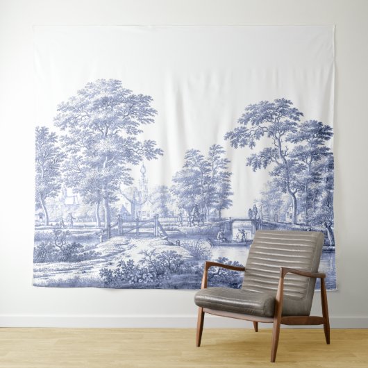 Blue Toile French Pastoral Bridge Boat Wandkleed (In Situ (horizontaal))