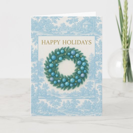 Blue Toile Holiday Card with Winter Wreath Kaart (Voorkant)