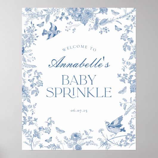 Blue Toile Jouy Floral Baby Sprinkle Welkom Teken Poster (Voorkant)