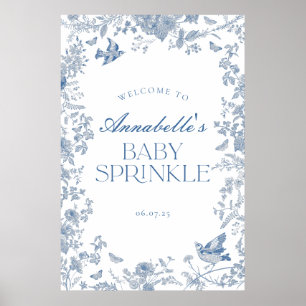 Blue Toile Jouy Floral Baby Sprinkle Welkom Teken Poster