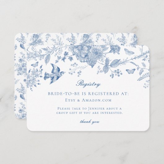 Blue Toile Jouy Registry Kaart Invitation Insert (Voorkant / Achterkant)