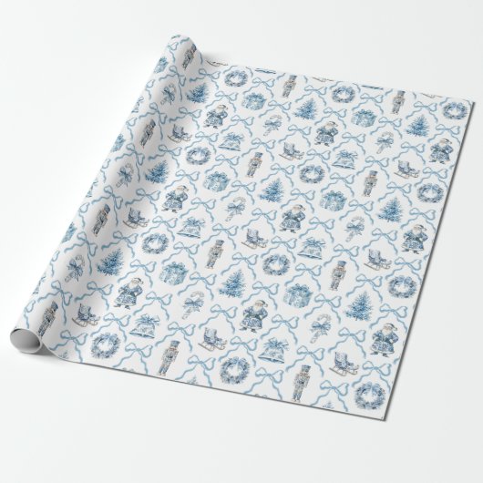 Blue Toile Nutcracker Wrapping Paper Christmas Cadeaupapier (Uitgerold)