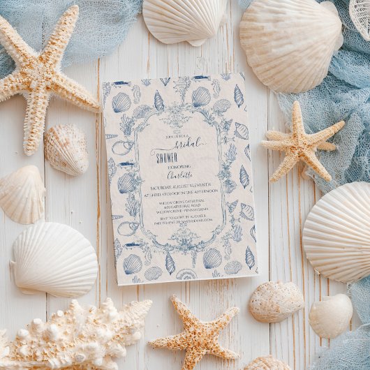 Blue toile Ocean Bridal Shower Invitation Kaart
