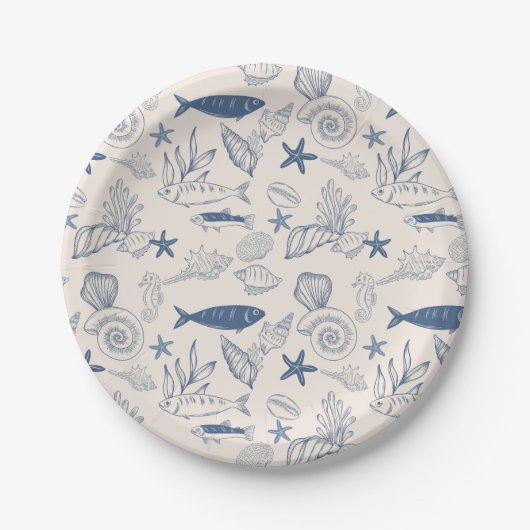 Blue toile Ocean Paper Plate Papieren Bordje (Voorkant)