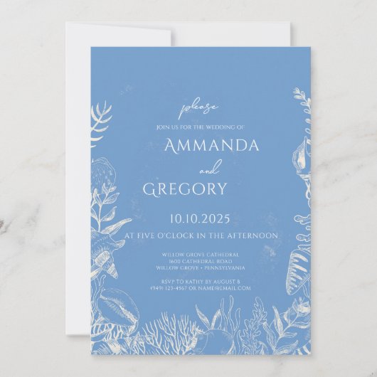 Blue Toile Ocean thema bruiloft uitnodiging (Voorkant)