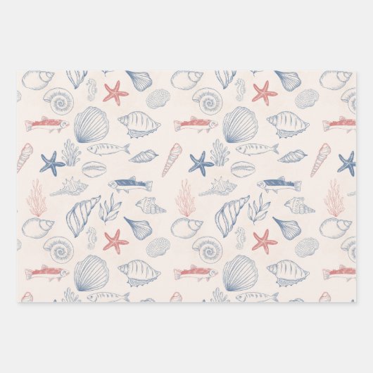 Blue toile Ocean Wrapping Paper Sheet Set of 3 (Voorkant 2)