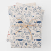 Blue toile Ocean Wrapping Paper Sheet Set of 3 (In situ)