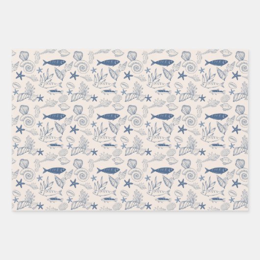 Blue toile Ocean Wrapping Paper Sheet Set of 3 (Voorkant)