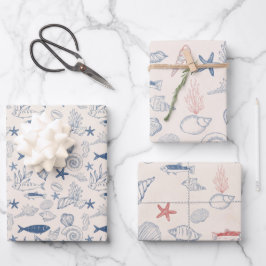 Blue toile Ocean Wrapping Paper Sheet Set of 3