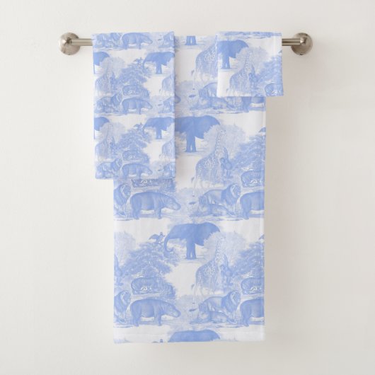 Blue Toile Oerwoud Animals Safari Chinoiserie Boy Bad Handdoek (Insitu)