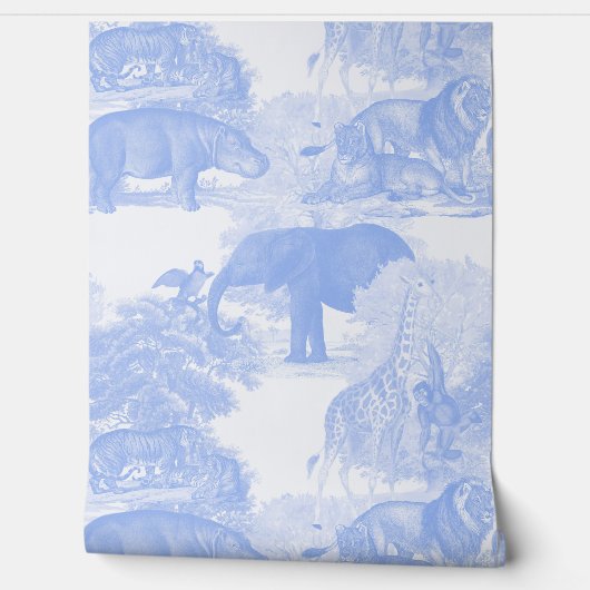 Blue Toile Oerwoud Animals Safari Chinoiserie Boy Behang (Afrollen)