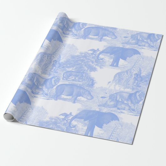 Blue Toile Oerwoud Animals Safari Chinoiserie Cadeaupapier (Uitgerold)