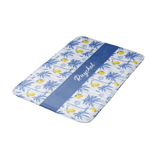 Blue Toile Palm Trees Lemons Monogram Name Badmat (Gekanteld)