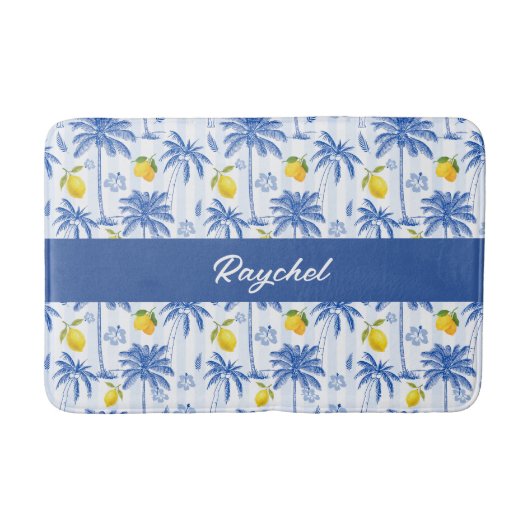 Blue Toile Palm Trees Lemons Monogram Name Badmat (Voorkant)