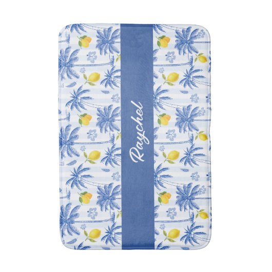 Blue Toile Palm Trees Lemons Monogram Name Badmat (Voorkant Verticaal)