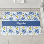 Blue Toile Palm Trees Lemons Monogram Name Badmat