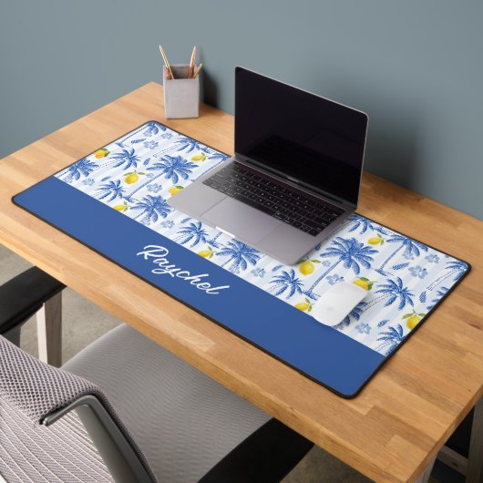 Blue Toile Palm Trees Lemons Monogram Name Bureaumat (Kantoor 2)