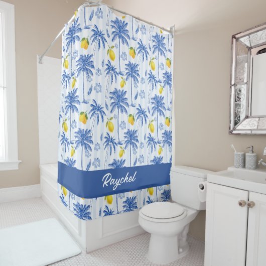 Blue Toile Palm Trees Lemons Monogram Name Douchegordijn (In situ)