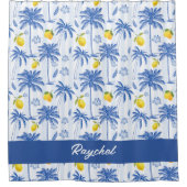 Blue Toile Palm Trees Lemons Monogram Name Douchegordijn (Voorkant)