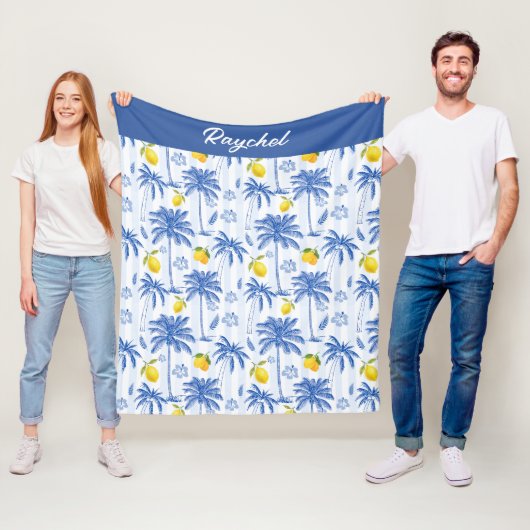 Blue Toile Palm Trees Lemons Monogram Name Fleece Deken (In situ)