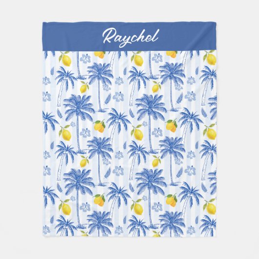 Blue Toile Palm Trees Lemons Monogram Name Fleece Deken (Voorkant)