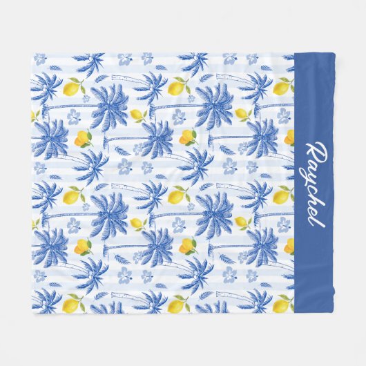 Blue Toile Palm Trees Lemons Monogram Name Fleece Deken (Voorkant (Horizontaal))