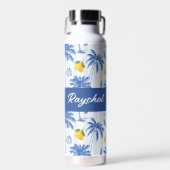 Blue Toile Palm Trees Lemons Monogram Name Waterfles (Voorkant)