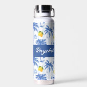 Blue Toile Palm Trees Lemons Monogram Name Waterfles (Achterkant)