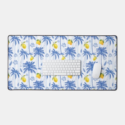 Blue Toile Palm Trees Lemons Pattern Bureaumat (Keyboard & Muis)