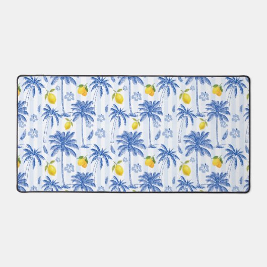 Blue Toile Palm Trees Lemons Pattern Bureaumat (Voorkant)