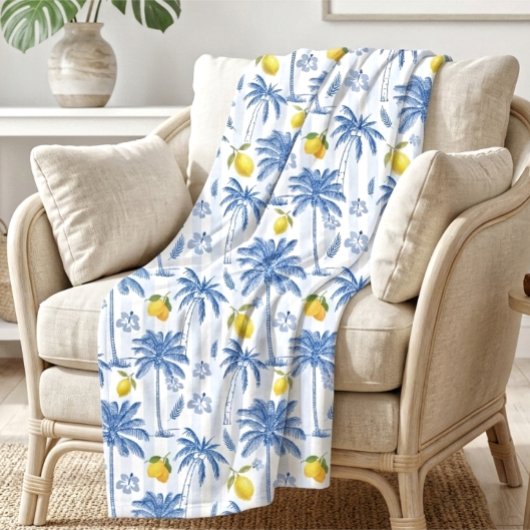 Blue Toile Palm Trees Lemons Pattern Fleece Deken