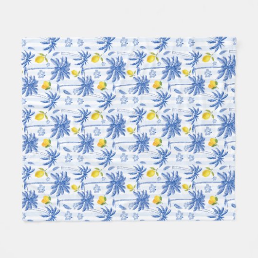 Blue Toile Palm Trees Lemons Pattern Fleece Deken (Voorkant (Horizontaal))