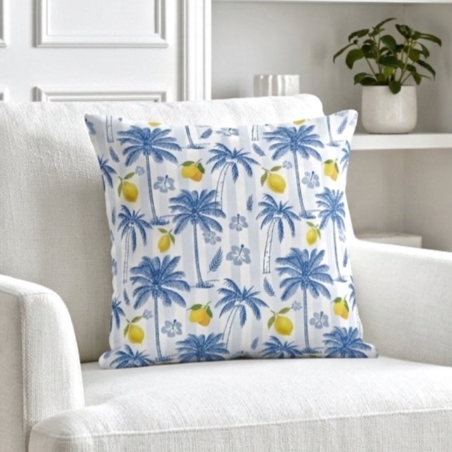 Blue Toile Palm Trees Lemons Pattern Kussen (Creator heeft geüpload)
