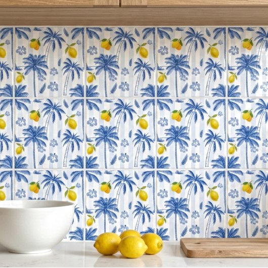 Blue Toile Palm Trees Lemons Pattern Tegeltje
