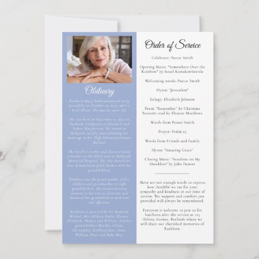 Blue Toile Photo Memorial Service Programma (Achterkant)