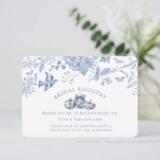 Blue Toile Pumpkin  Bloemen Bruids Registry Informatiekaartje (Staand voorkant)