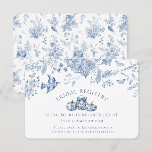 Blue Toile Pumpkin Bloemen Bruids Registry Informatiekaartje (Voorkant / Achterkant)