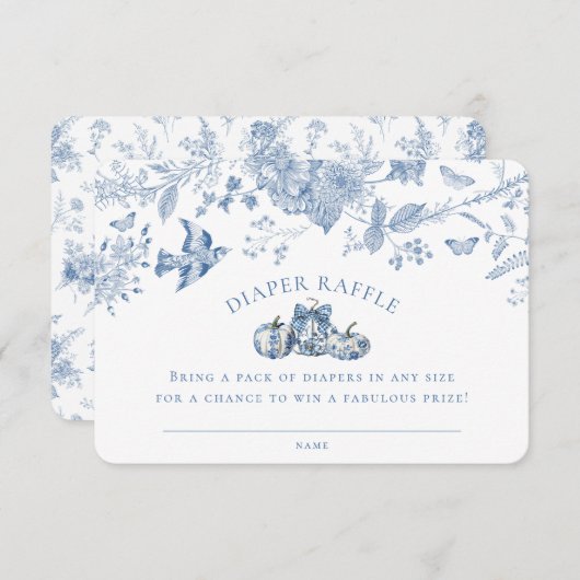 Blue Toile Pumpkin Diaper Raffle Invitation Insert Informatiekaartje (Voorkant / Achterkant)