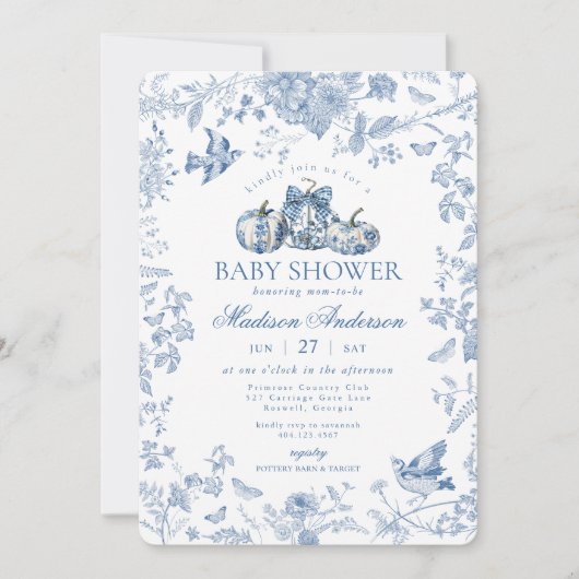 Blue Toile Pumpkin Franse Herfst Floral Baby showe Kaart (Voorkant)